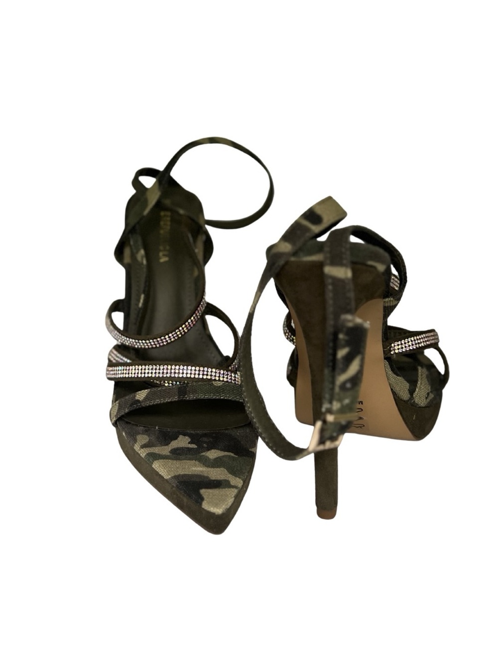 Camo Strappy Pointed Toe Heels with Crystal Accent Size 11